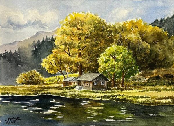 نقاشی آبرنگ جنگل پاییزی